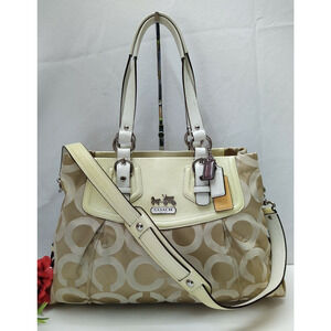 Coach Madison Beige Canvas Light Yellow Leather Trim Tote Shoulder Bag